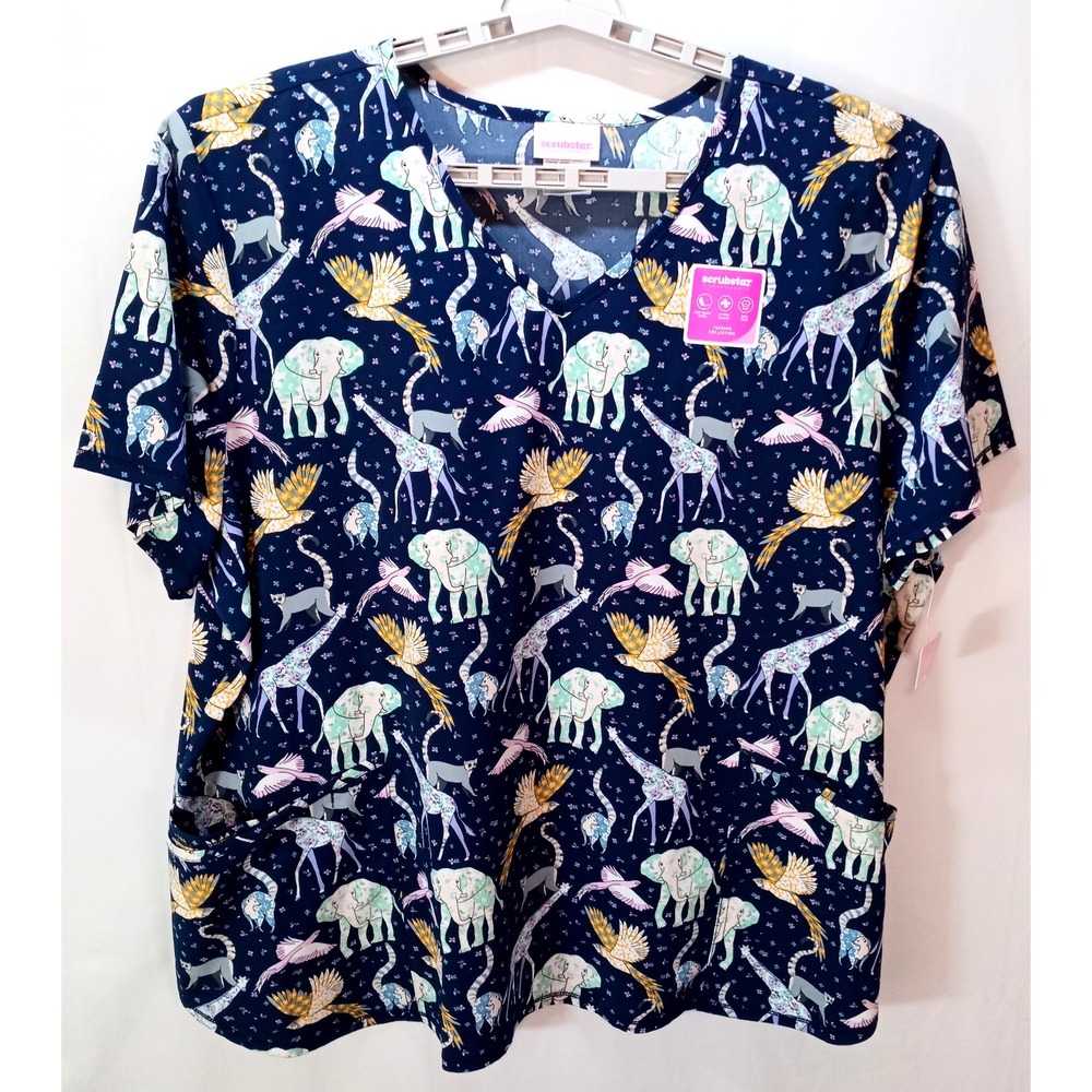 Nwot Scrubstar Magical Menagerie Women's Scrub Top, 3XL, Animals, Blue